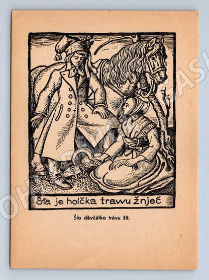 Pohlednice Šta je holčka travu žnjec dřevoryt (M13472)