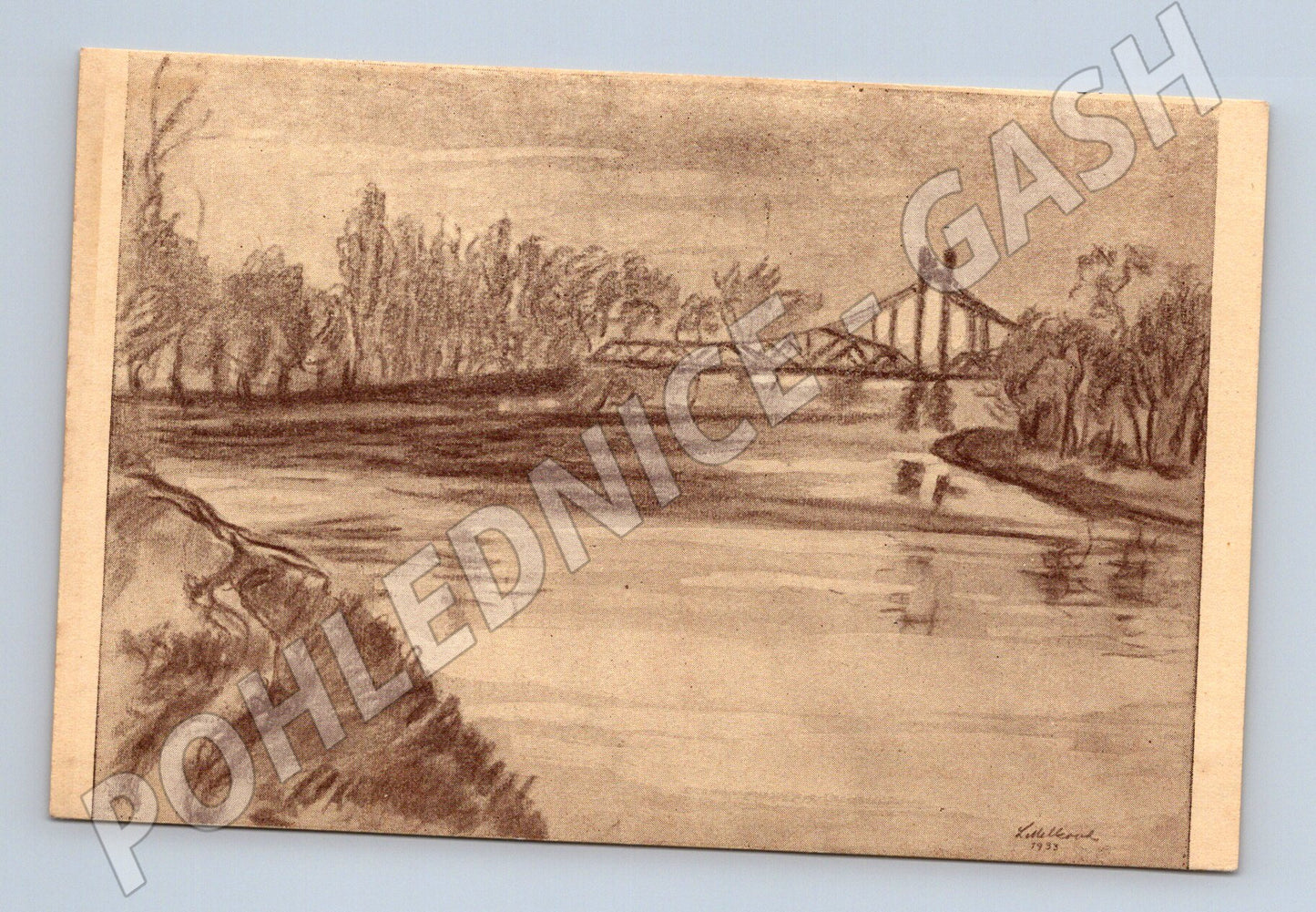 Pohlednice most přes řeku – kresba 1955 (M13483)