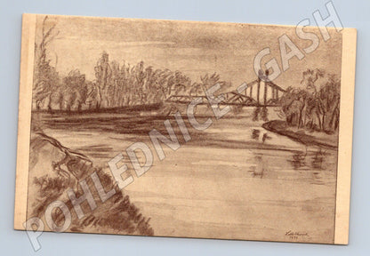 Pohlednice most přes řeku – kresba 1955 (M13483)