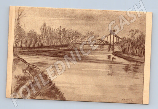 Pohlednice most přes řeku – kresba 1955 (M13483)