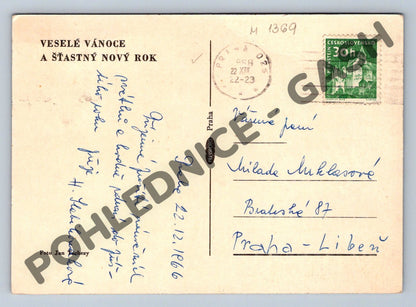 Pohlednice Vánoční Československo 1966 svíčka a ozdoby (M1369)