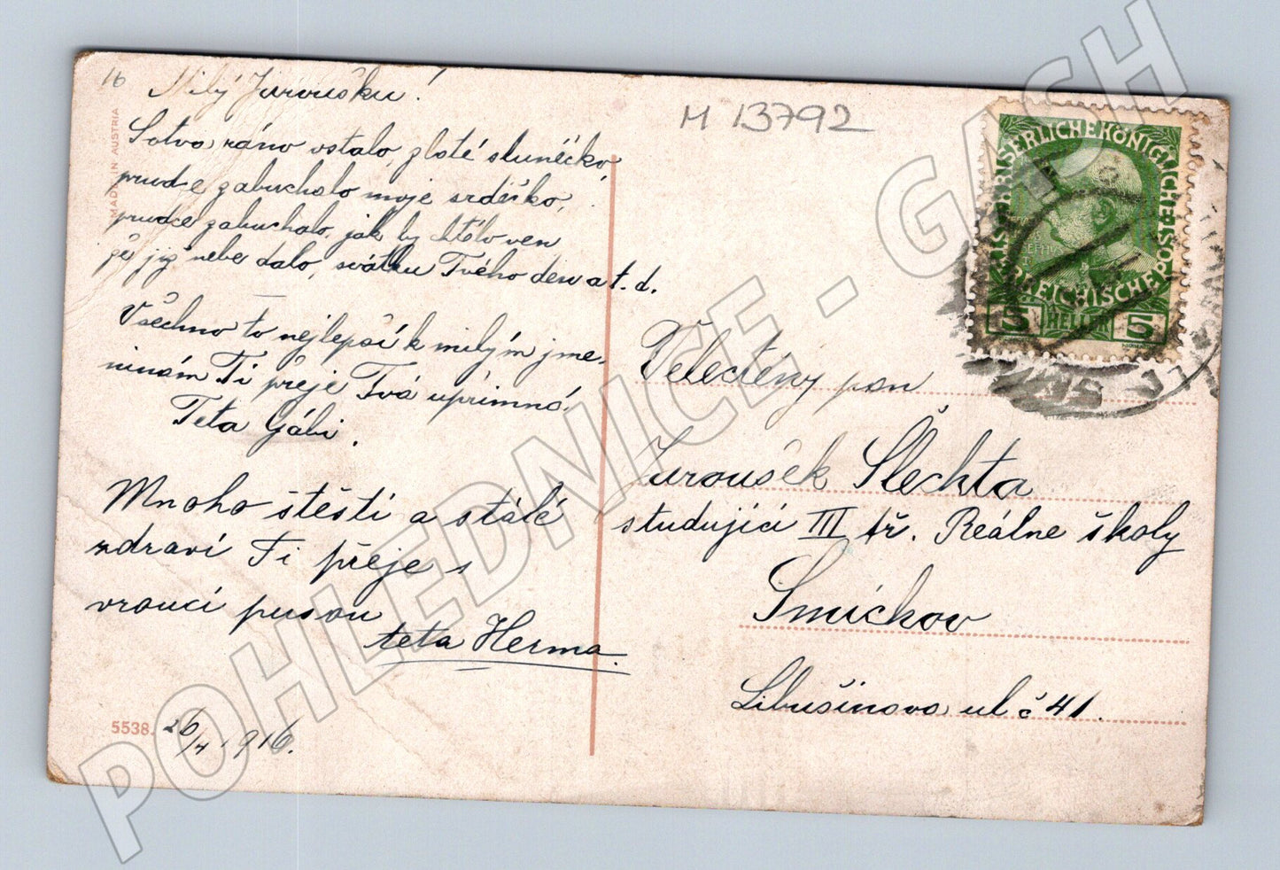 Pohlednice Portrét ženy, odesláno 1916 (M13792)