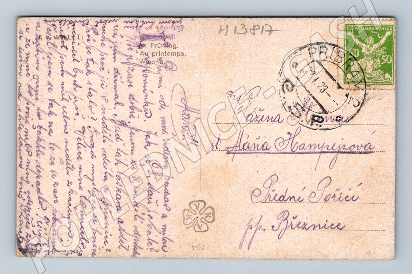 Pohlednice Česká krajina s ovcem (1923)