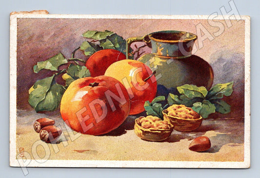 Pohlednice zátiší ovoce a džbán 1949 popsaná (M13852)