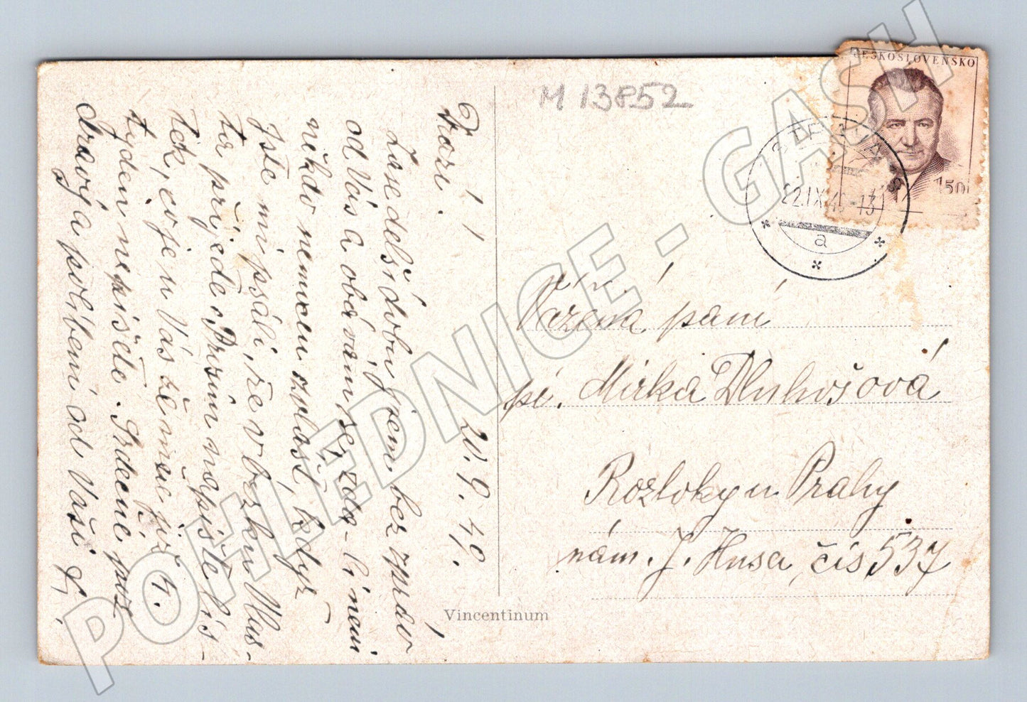 Pohlednice zátiší ovoce a džbán 1949 popsaná (M13852)