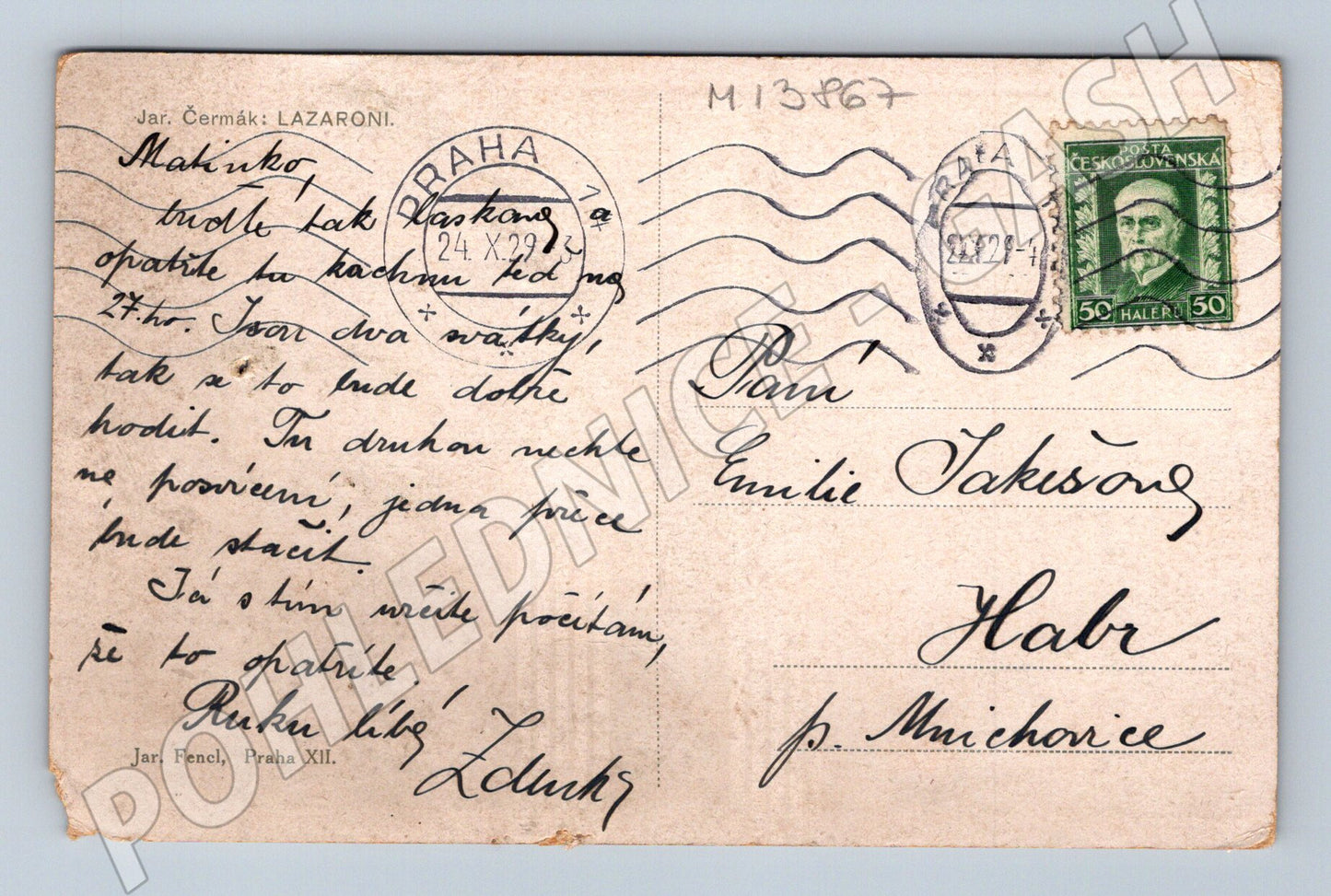 Pohlednice Jaroslav Čermák Lazaroni odesláno 1929 (M13867)