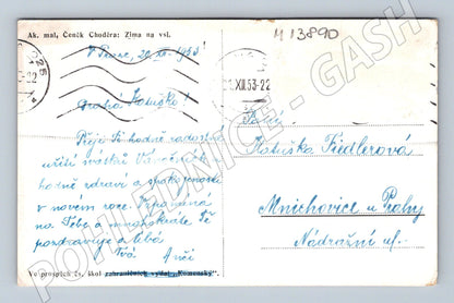 Pohlednice Zima na vsi Čeněk Choděra 1953 (M13890)