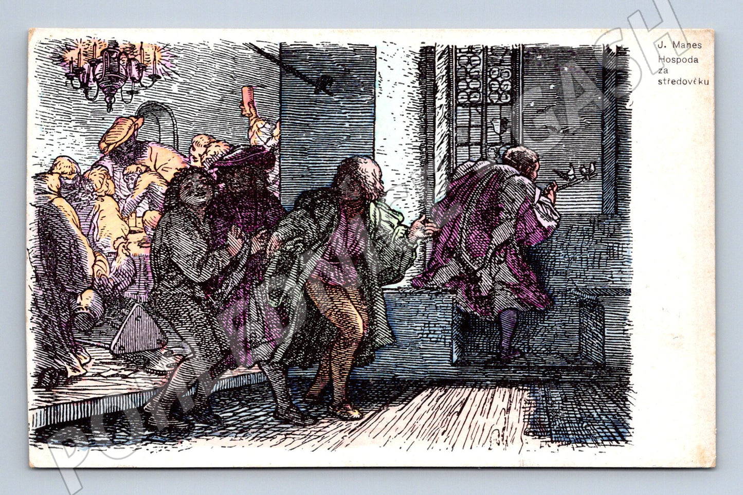 Pohlednice J. Mánes Hospoda za středověku kolorovaná (M13898)
