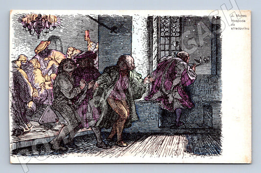 Pohlednice J. Mánes Hospoda za středověku kolorovaná (M13898)
