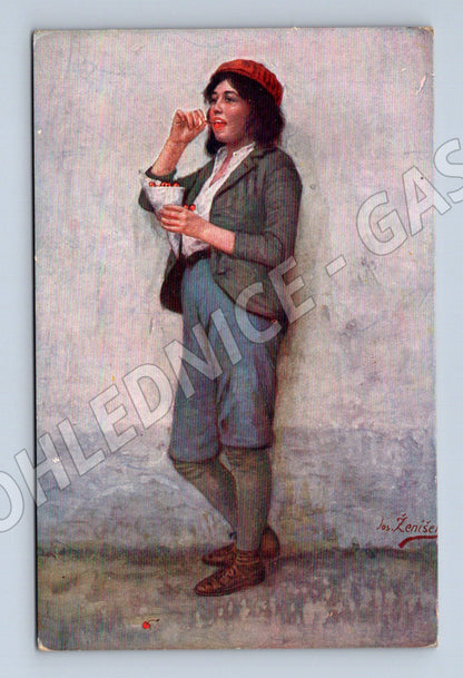 Pohlednice První třešně J. Ženíšek etnografie (M13921)