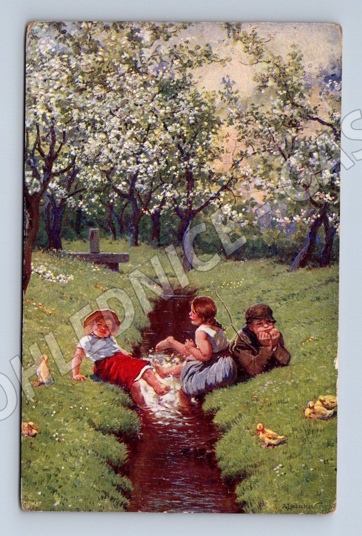 Pohlednice Děti u potoka – Adolf Liebscher (M13952)
