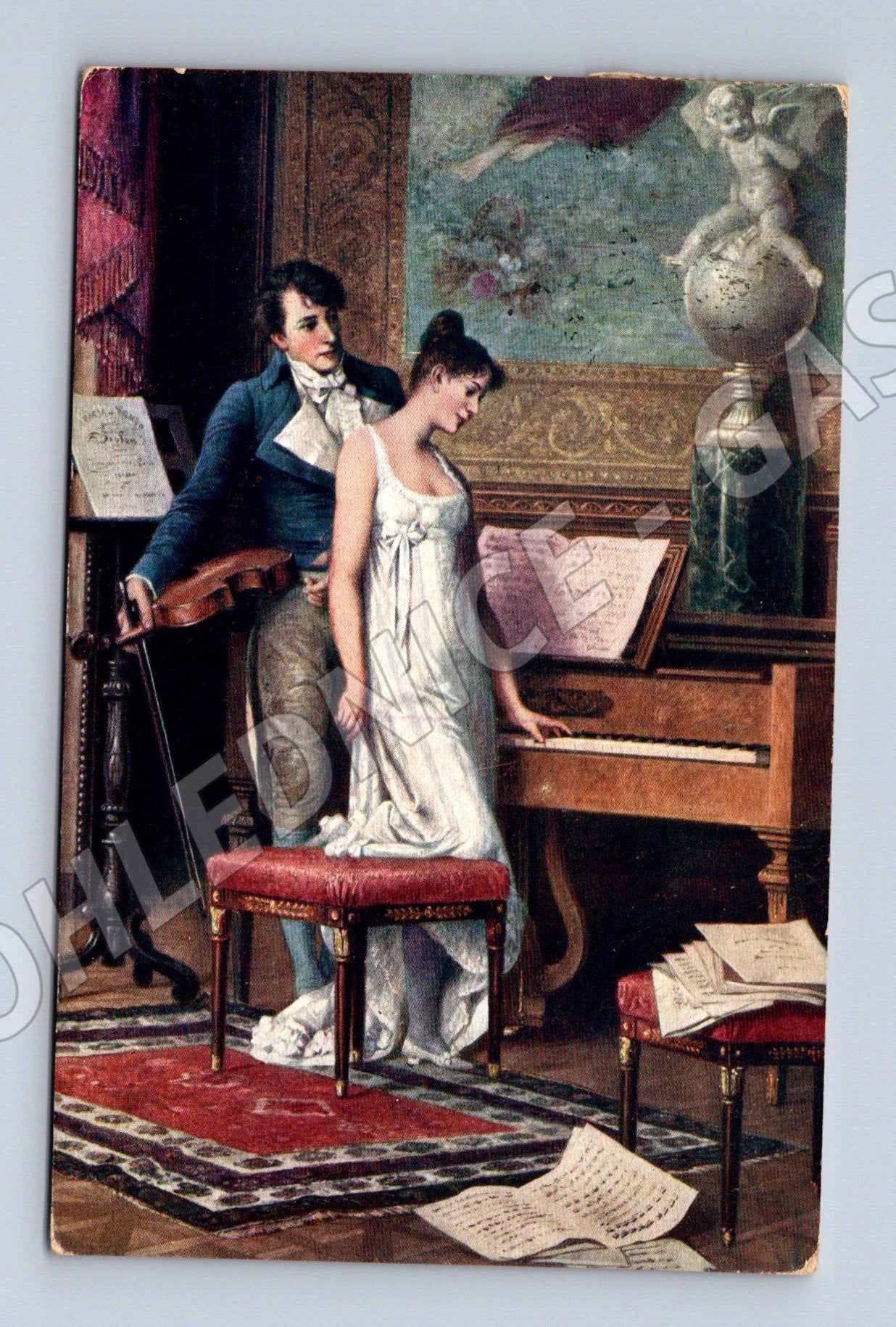 Pohlednice Hudební salon – malířský motiv, J. Plichta (M13966)