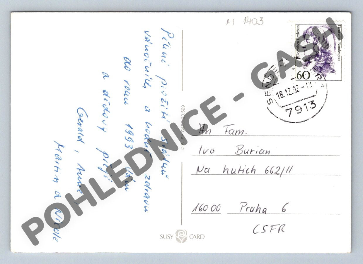 Pohlednice Vánoční Německo 1992 Santa na saních (M1403)