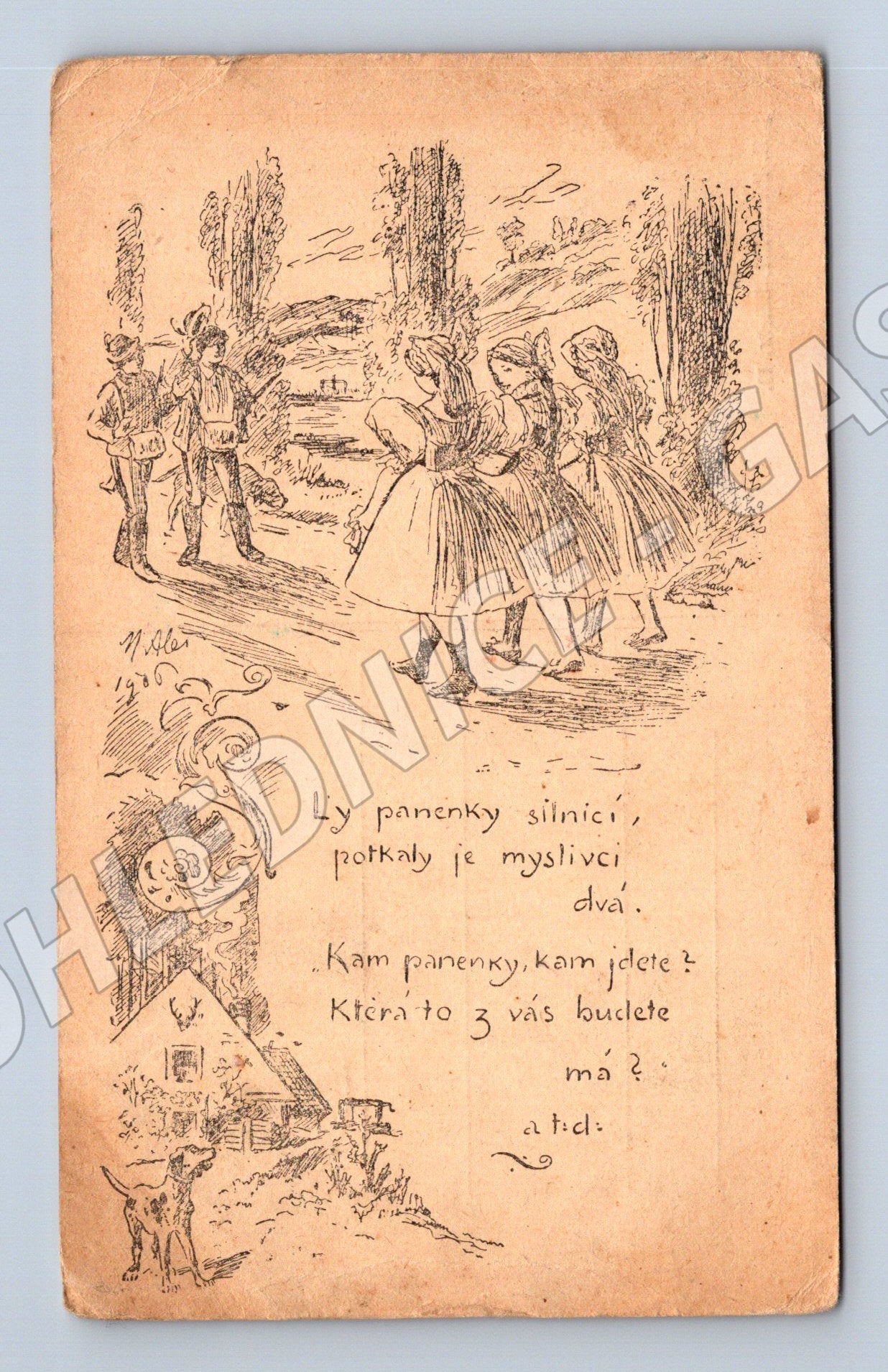 Pohlednice Starý milostný motiv Mikuláš Aleš 1907 (M14093)
