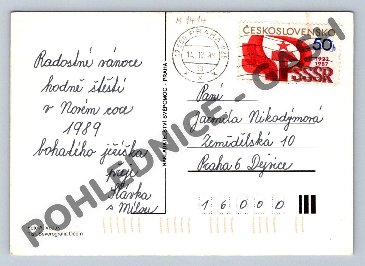 Pohlednice Vánoční Československo 1989 svíčka jablko ořechy (M1414)
