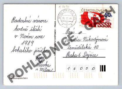 Pohlednice Vánoční Československo 1989 svíčka jablko ořechy (M1414)