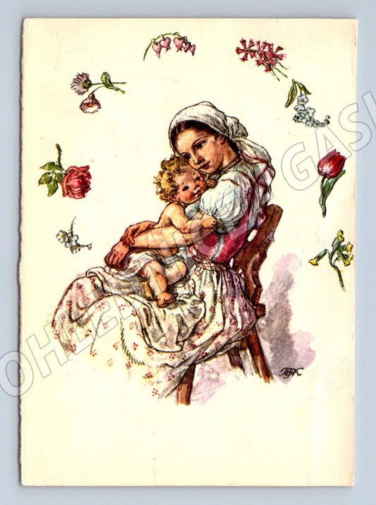 Pohlednice maminka s dítětem, květiny (M14271)