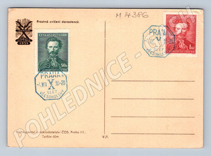 Pohlednice Všesokolský slet Praha 1938 – dorost, razítko (M14386)