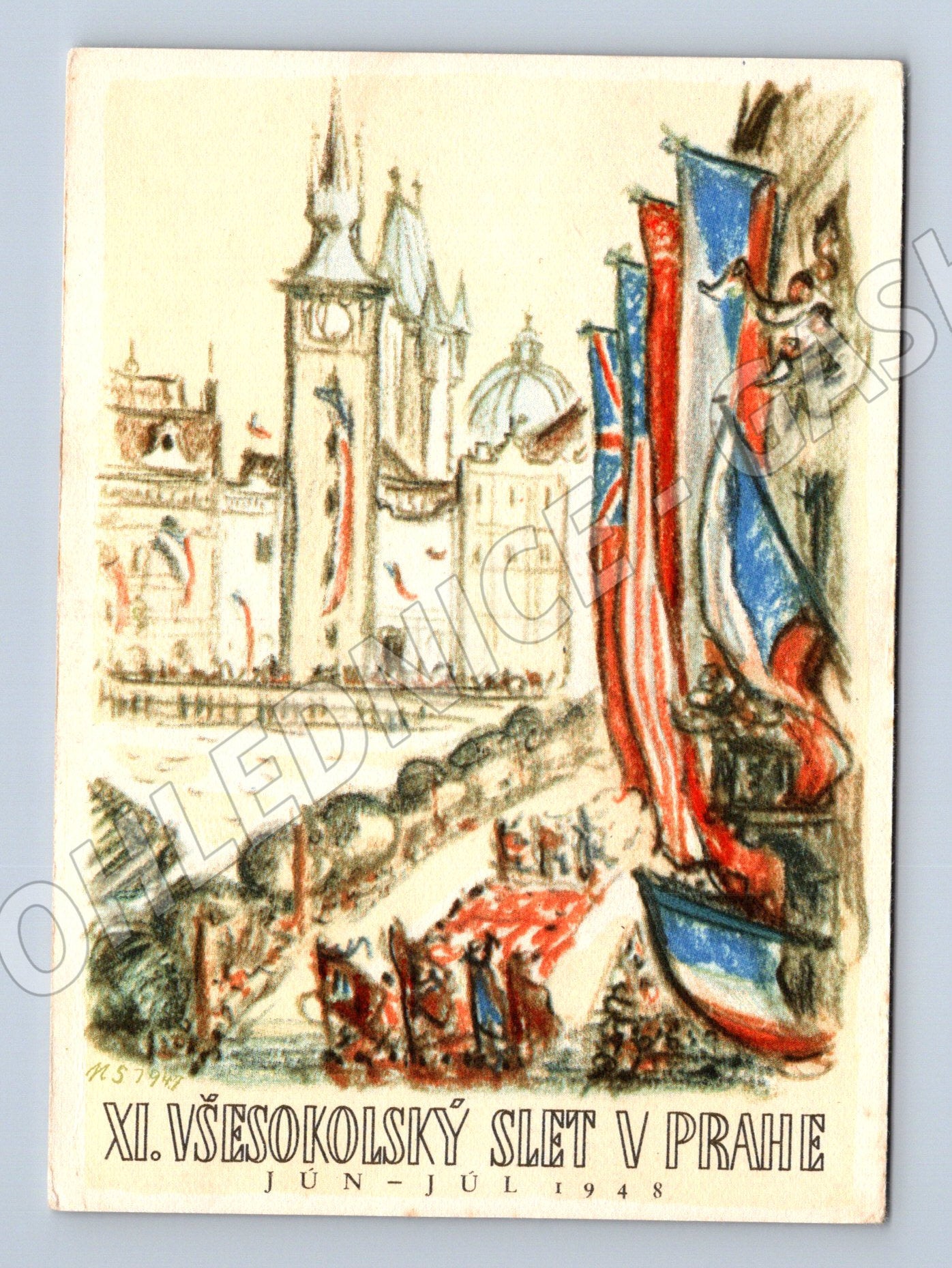 Pohlednice XI. všesokolský slet Praha 1948 – kresba (M14387)