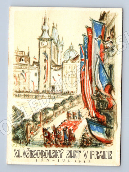 Pohlednice XI. všesokolský slet Praha 1948 – kresba (M14387)