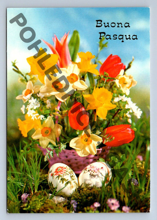 Pohlednice Velikonoční Buona Pasqua Itálie květiny vajíčka (M1440)