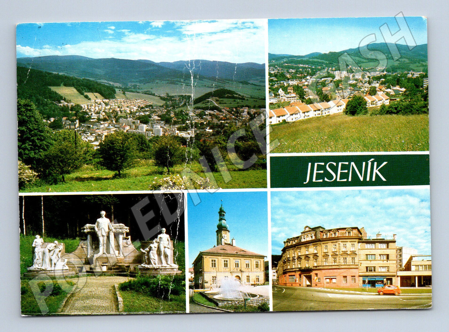 Pohlednice Jeseník koláž, radnice, hotel, Priessnitzův pomník (M14443)