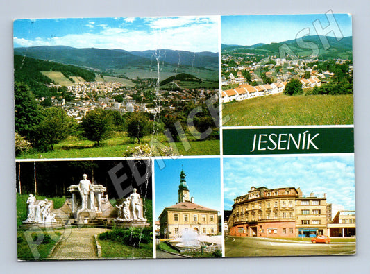 Pohlednice Jeseník koláž, radnice, hotel, Priessnitzův pomník (M14443)