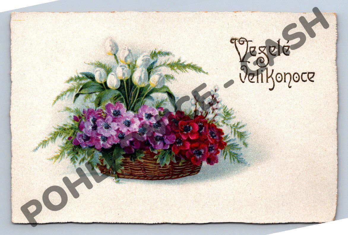 Pohlednice Velikonoční Veselé Velikonoce květiny v košíku (M1452)