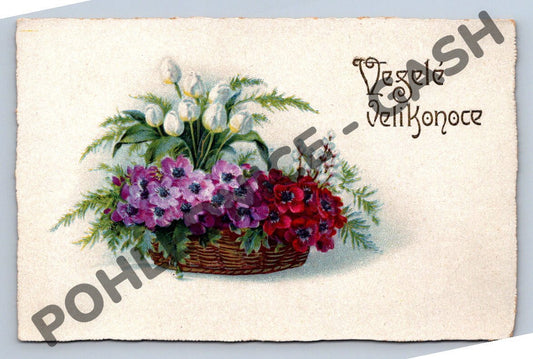 Pohlednice Velikonoční Veselé Velikonoce květiny v košíku (M1452)