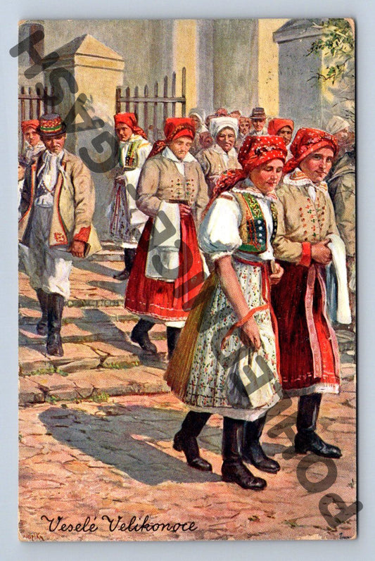 Pohlednice Velikonoční krojovaná scéna Rakousko Uhersko (M1484)
