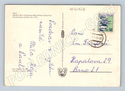 Pohlednice Telč náměstí Míru socha a domy (M14924)