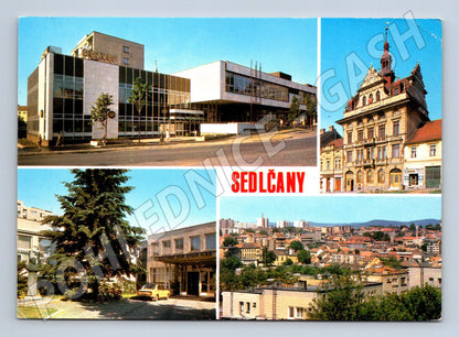 Pohlednice Sedlčany Obchodní dům, radnice, panorama (M14995)