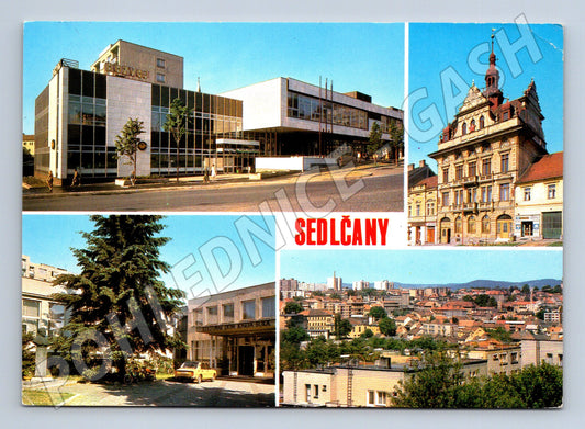 Pohlednice Sedlčany Obchodní dům, radnice, panorama (M14995)