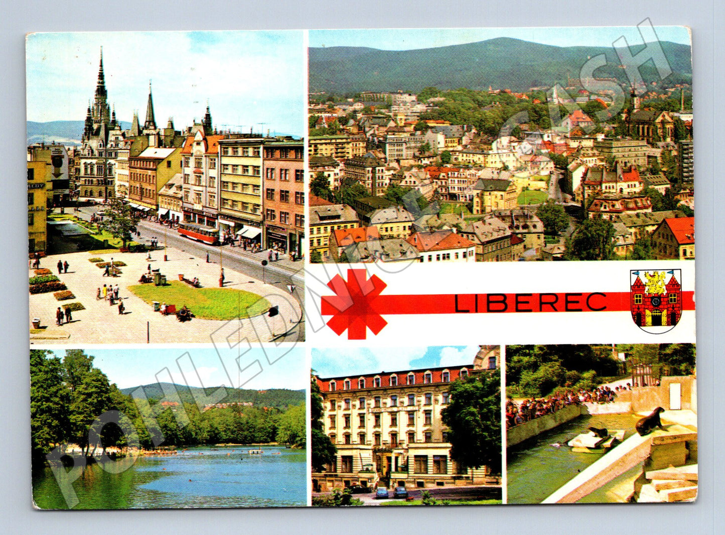 Pohlednice Liberec – koláž: radnice, ZOO, koupaliště (M15055)
