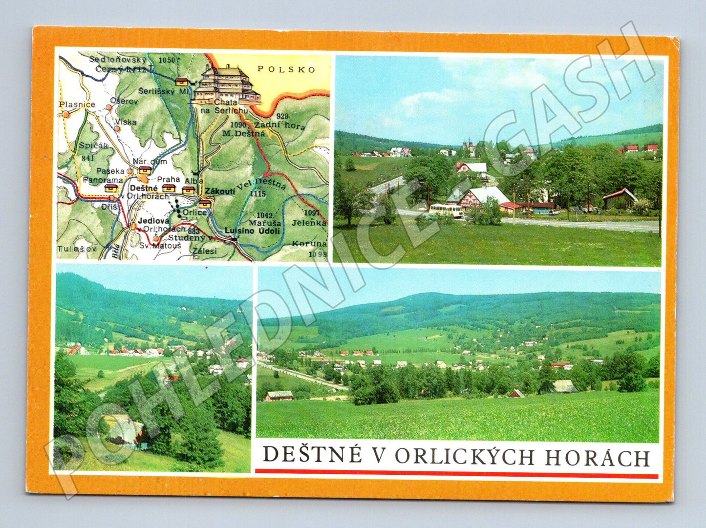 Pohlednice Deštné v Orlických horách – mapka a krajina (M15093)