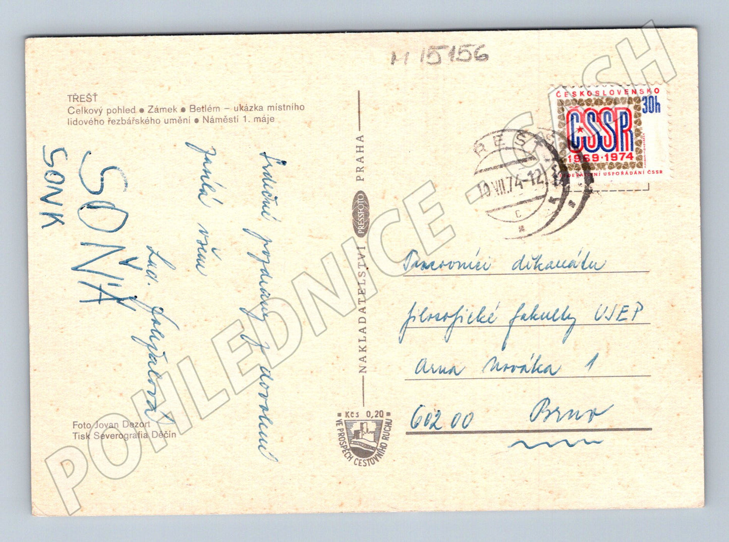 Pohlednice Třešť – zámek a náměstí 1974 (M15156)