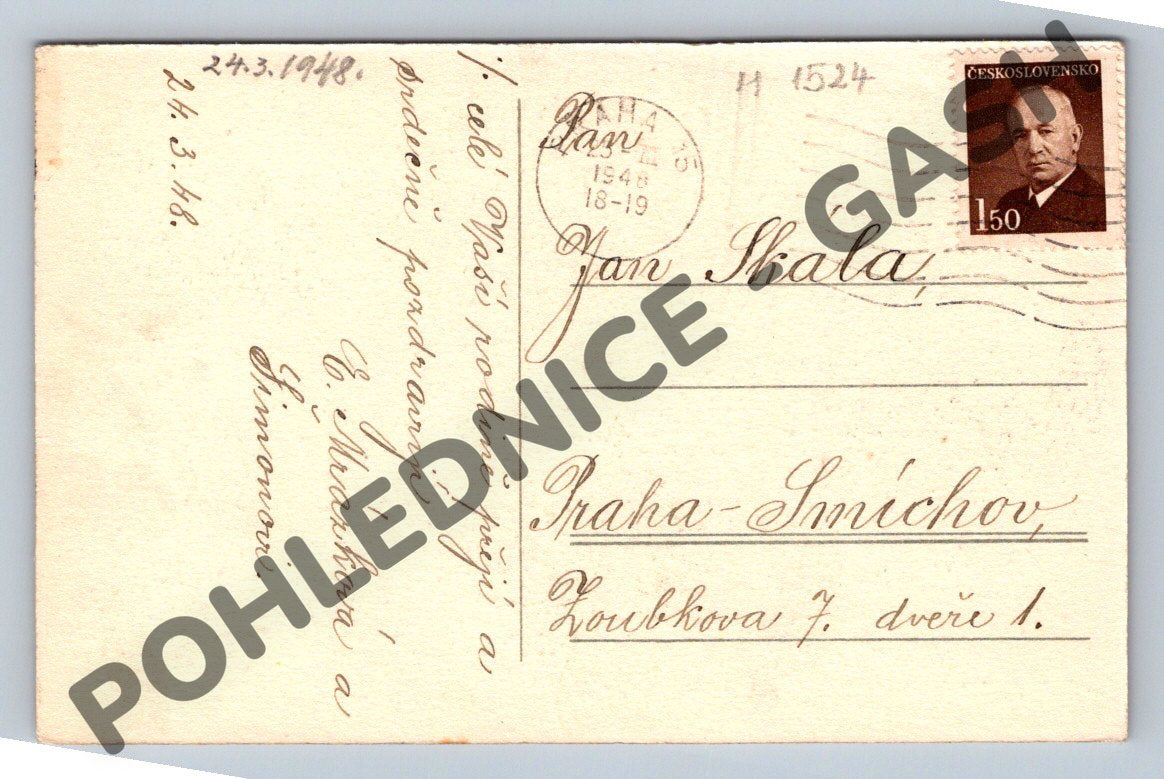 Pohlednice Velikonoční kraslice a zvonek ČSR 1948 (M1524)