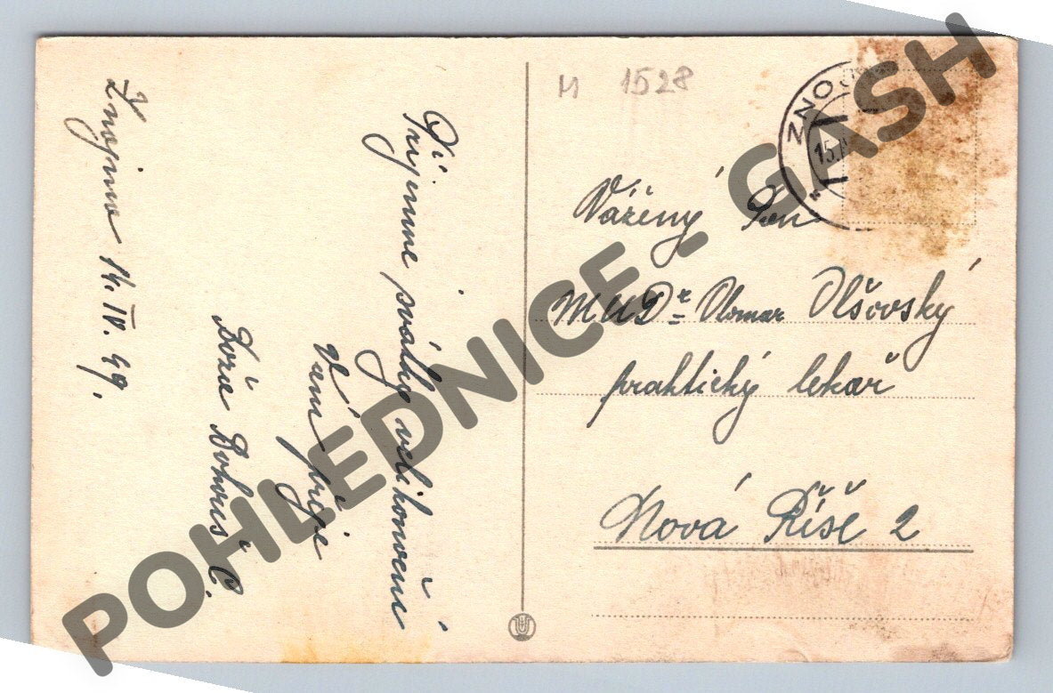Pohlednice Velikonoční kočičky kraslice a kuřátko 1949 (M1528)