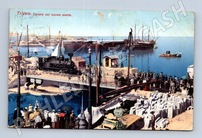 Pohlednice Trieste – most, lokomotiva, přístav 1908 (M15371)