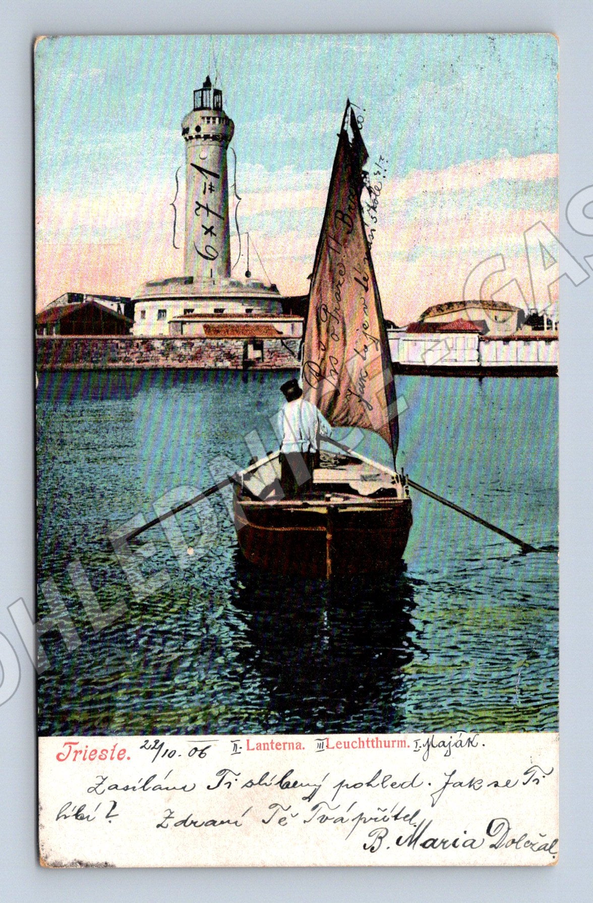 Pohlednice Trieste – plachetnice a maják, kolorovaná (M15378)