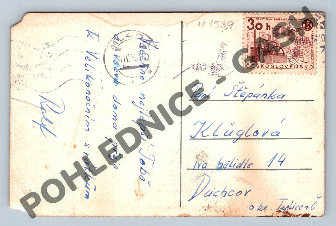 Pohlednice Duchcov Velikonoce ruční kresba 1965 (M1539)