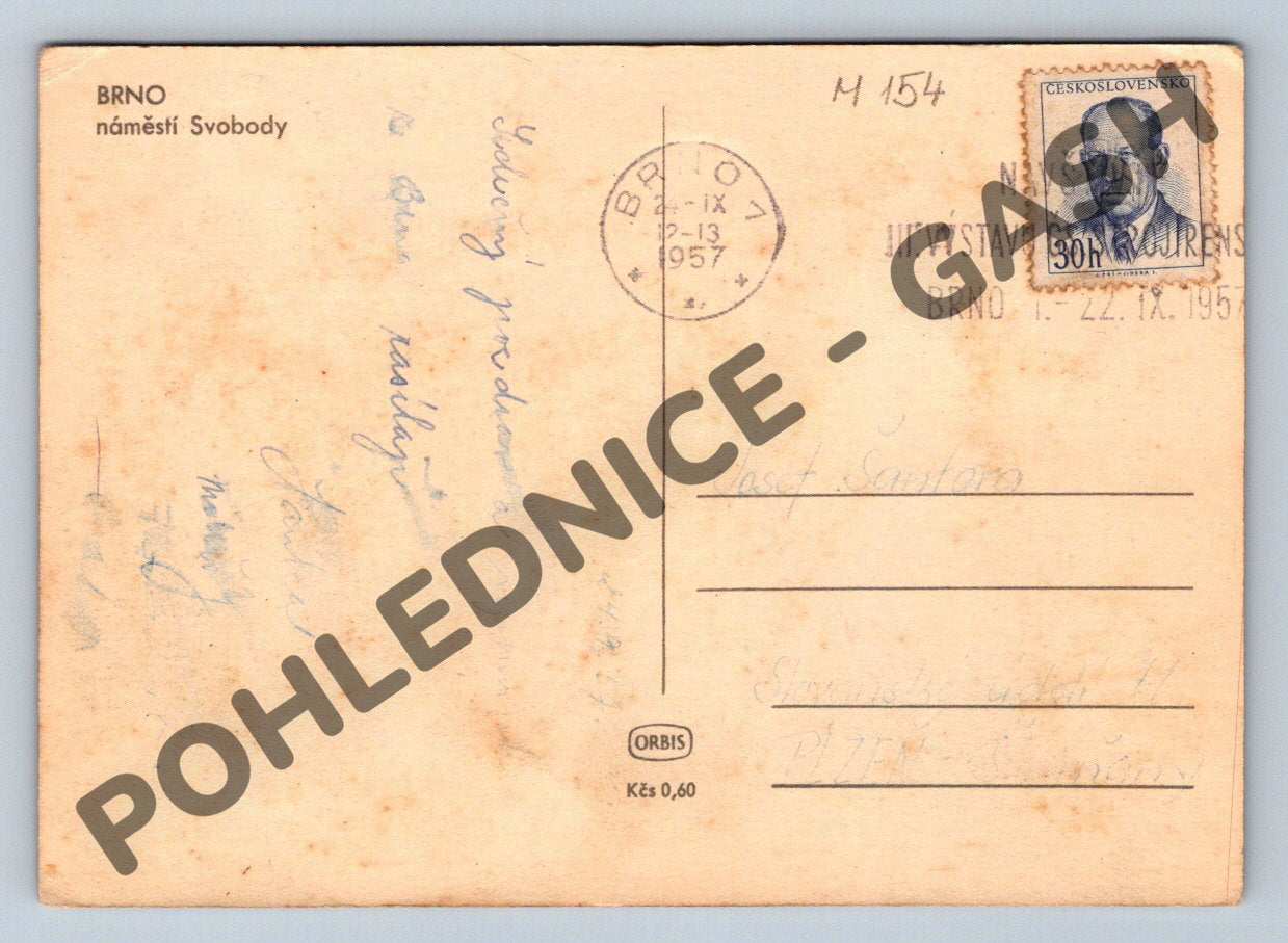 Pohlednice Brno Náměstí Svobody barevná odeslána 1957 (M154)