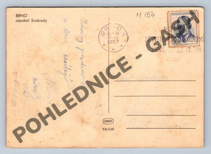 Pohlednice Brno Náměstí Svobody barevná odeslána 1957 (M154)