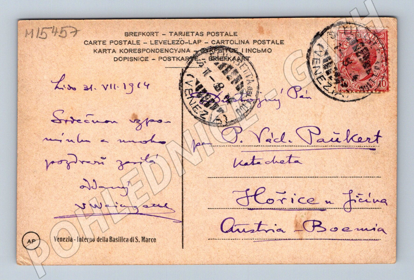 Pohlednice Venezia – bazilika sv. Marka, odesláno 1914 (M15457)