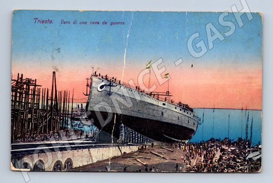 Pohlednice Trieste – spuštění válečné lodě, cca 1915 (M15510)