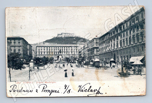 Pohlednice Neapol Piazza Municipio 1908 razítko Pompei (M15753)