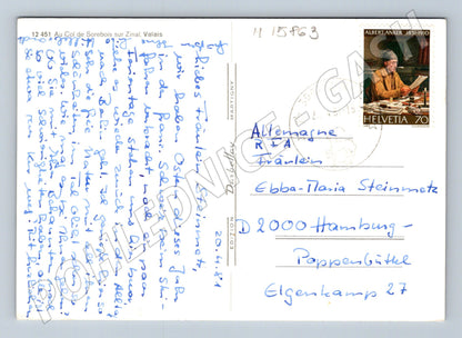 Pohlednice Zinal Valais Švýcarsko lyžaři Alpy 1981 (M15863)