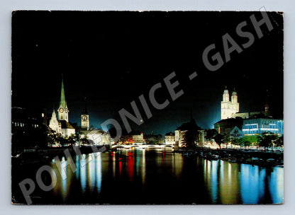 Pohlednice Zürich noční pohled Limmat kostely (M15877)