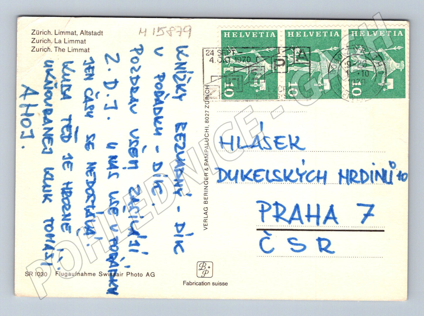 Pohlednice Zürich letecký pohled Švýcarsko 1970 (M15879)