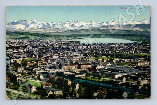 Pohlednice Zürich panorama města a Alp historická (M15902)